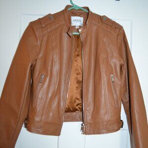 Womens Guess Small Brown Faux Leather Moto Jacket, L/S, Rarely Worn, Like New